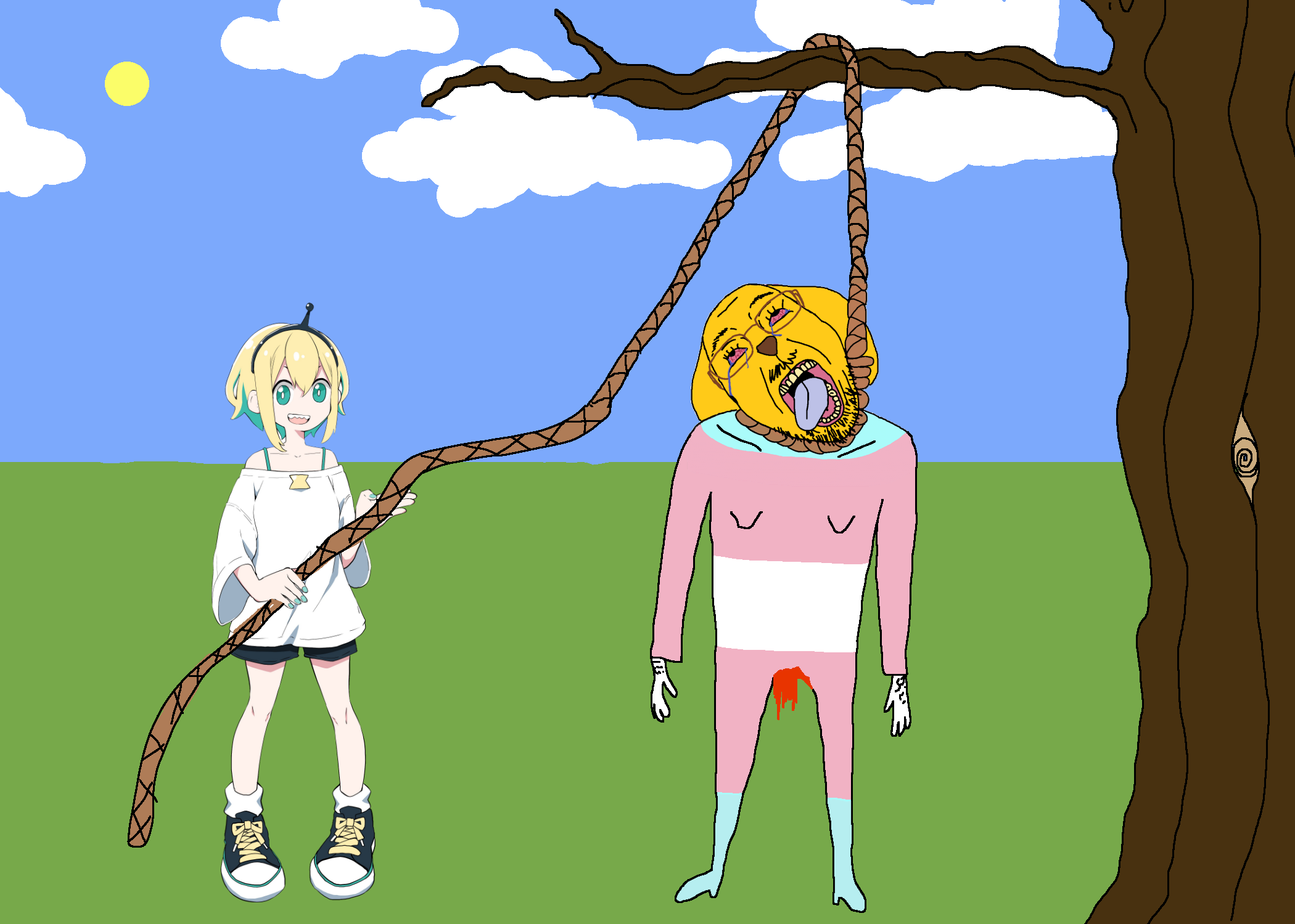 bernd, hanging troonjak, troonjak, jannyjak, ack, amano pikamee, animal, blood, bloodshot eyes, crying