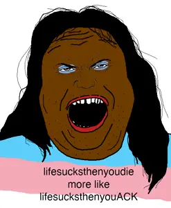 alicia, punisher face, brown skin, hair, makeup, open mouth, soybooru, soyjak, text, tranny