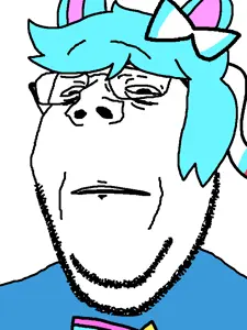 gapejak, wholesome soyjak, akira (friday night funkin'), blue hair, clothes, furry, glasses, scared, soyjak, stubble