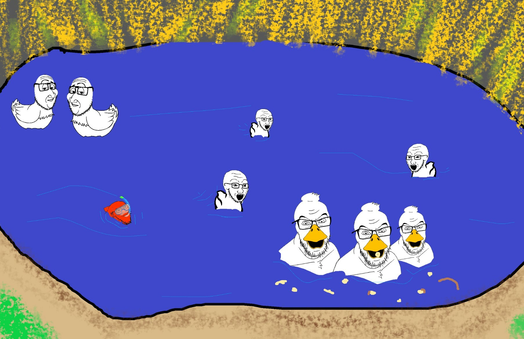 feraljak, smugjak, soyak, smugquack, fishjak, angry, animal, closed mouth, drawn background, duck