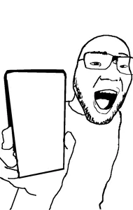 phoneboy, arm, clothes, glasses, hands, holding object, open mouth, phone, soyjak, stubble