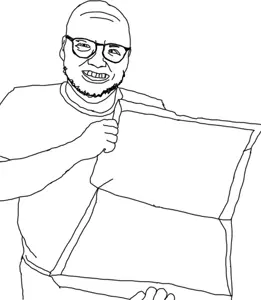 boxboy, unknown, arm, clothes, ear, glasses, hands, holding object, open mouth, soyjak