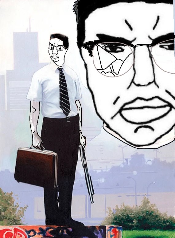 chudjak, chudjak front, angry, broken glasses, closed mouth, clothes, falling down (movie), firearm, full body, glasses