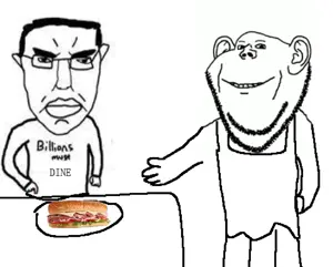 chudjak, impish soyak ears, chudjak front, 2soyjaks, angry, apron, arm, closed mouth, ear, food