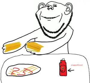 impish soyak ears, arm, blood, closed mouth, ear, hands, nigger, plate, smile, soyjak