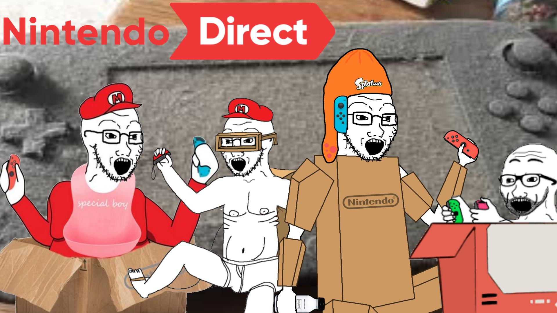 excited soyjak, 4soyjaks, arm, bib, box, cardboard, clothes, drink, dust, game controller