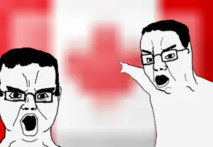 chudjak, two pointing soyjaks, chudjak front, /int/, 2soyjaks, arm, canada, chud, ear, flag