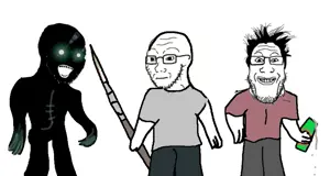 markiplier soyjak, soyak, thougher, 3soyjaks, arm, closed mouth, clothes, glasses, glowing, glowing eyes