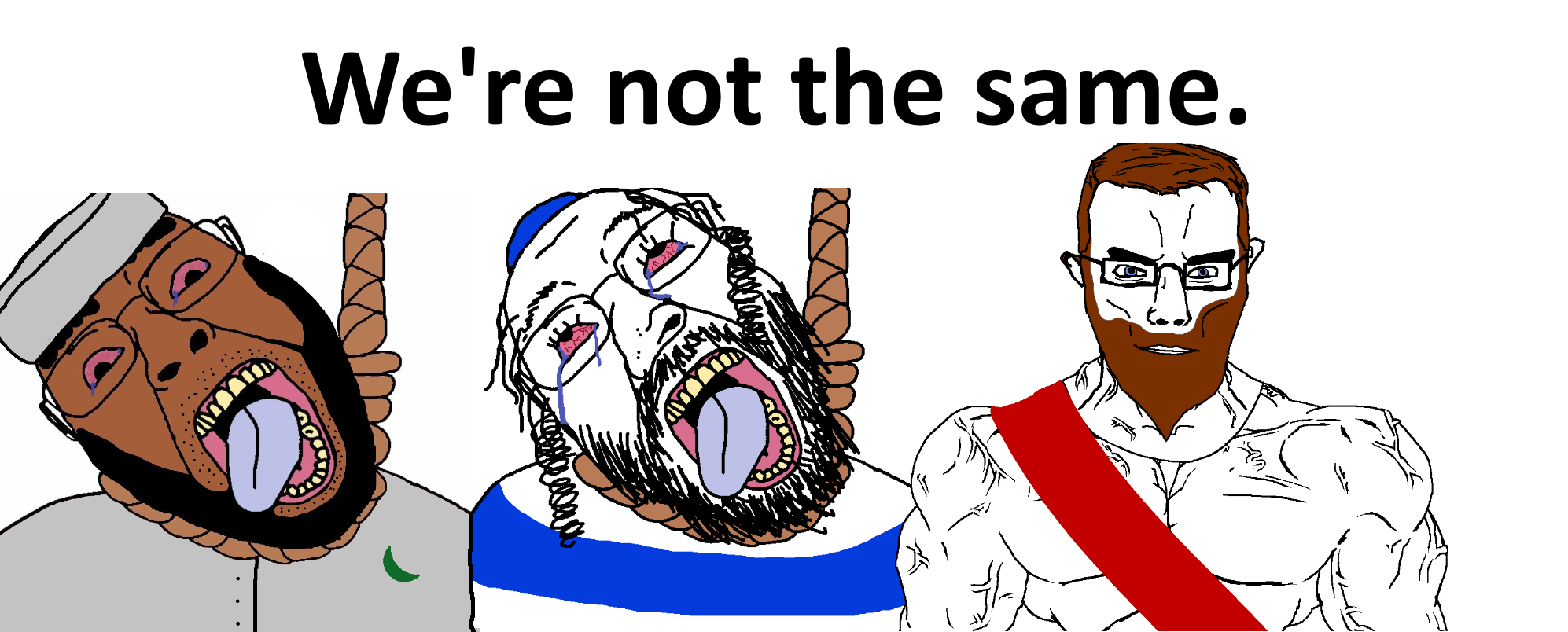 happy merchant, bernd, chudjak, chudjak front, muscular chud, 3soyjaks, beard, black eyes, bloodshot eyes, blue eyes