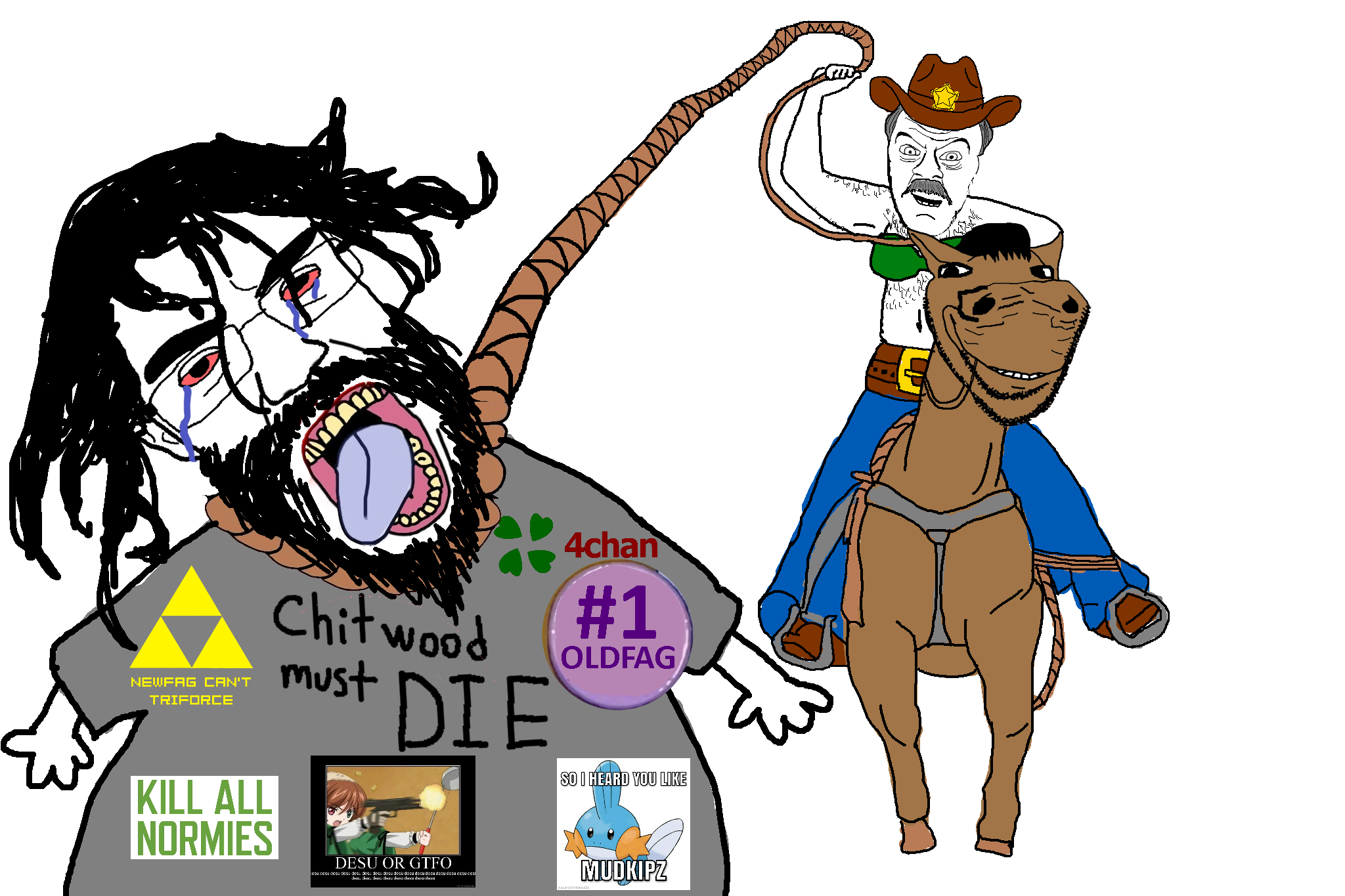chudjak, feraljak, impish soyak ears, chudjak front, impish horse, 3soyjaks, 4chan, animal, beard, bloodshot eyes