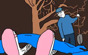 chudjak, blanket, cap, closed mouth, clothes, drawn background, full body, glasses, hair, hat