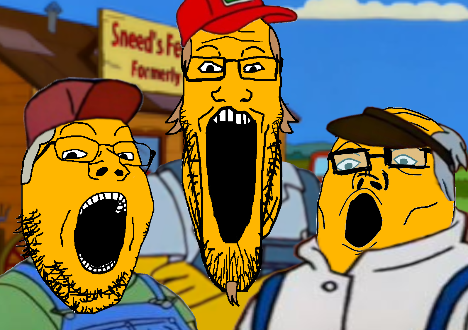 gapejak, markiplier soyjak, tony soprano soyjak, soyjak trio, 3soyjaks, black cap, blonde hair, cap, cartoon, clothes