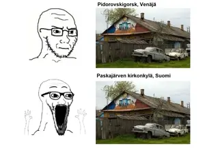excited soyjak, soyak, wewjak, thing japanese, 2soyjaks, closed mouth, finland, finnish text, glasses, hands