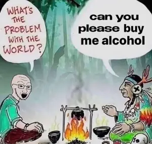 soyak, alcohol, bone, bones, clothes, fire, full body, glasses, headdress, indian