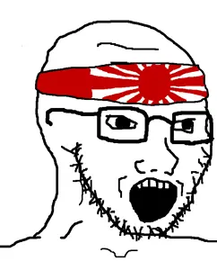 soyak, banzai, flag, glasses, hachimaki, headband, japan, open mouth, soyjak, stubble