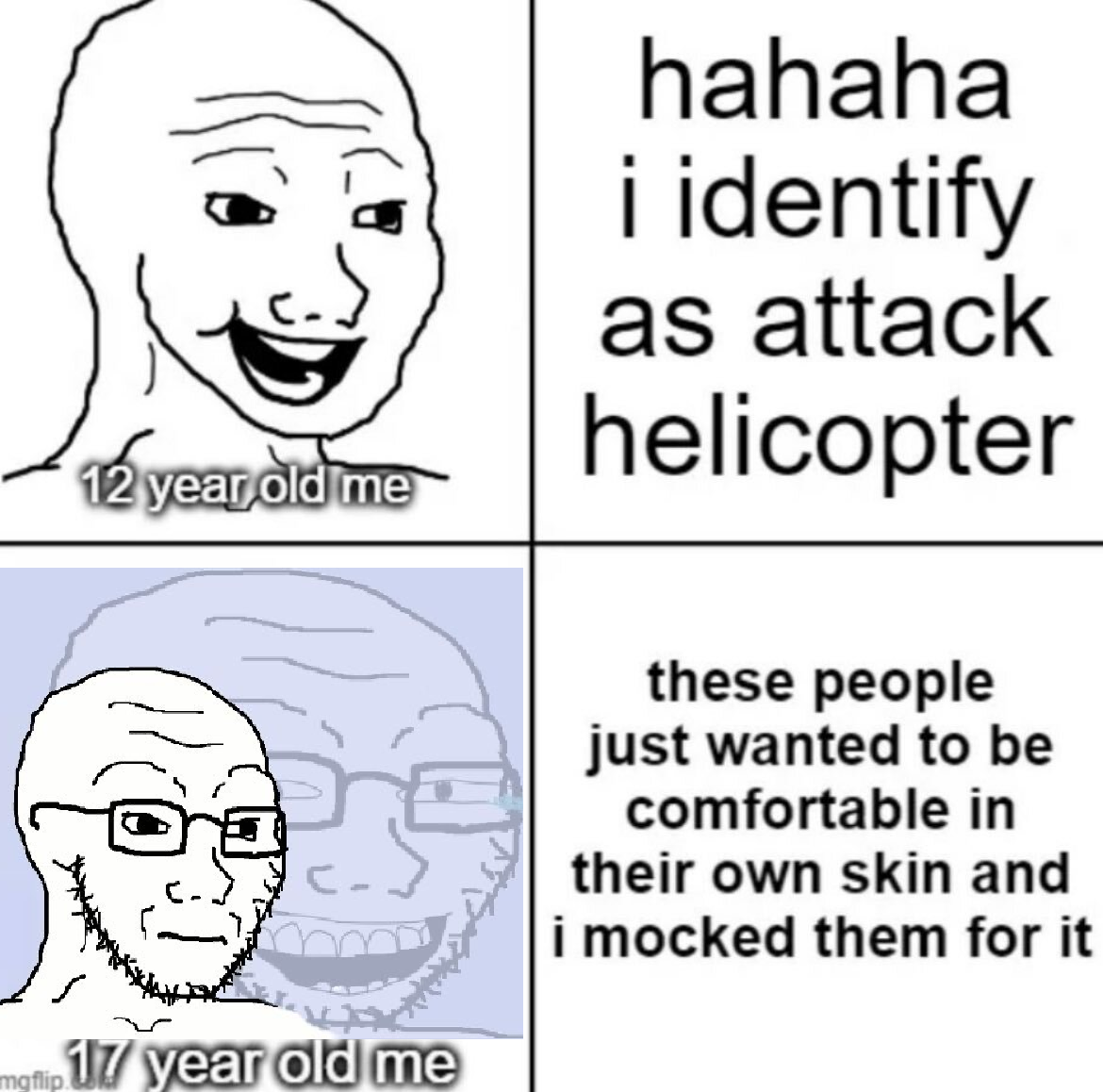 wojak, soyak, soyak (laughing), 2soyjaks, ashamed, attack helicopter, bald, closed mouth, clothes, crying