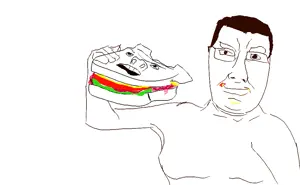 chudjak, unknown, chudjak front, 2soyjaks, brown hair, closed mouth, food, glasses, hair, looking at you