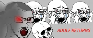 cryboy soyjak, soyak, adolf hitler, angry, arm, bloodshot eyes, bone, bones, crying, fal