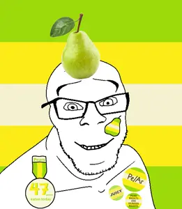 feraljak, wholesome feraljak, badge, closed mouth, flag, food, fruit, glasses, pear, smile