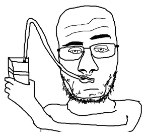 unknown, arm, closed mouth, drinking, drinking straw, glasses, hands, holding object, mustache, soyjak