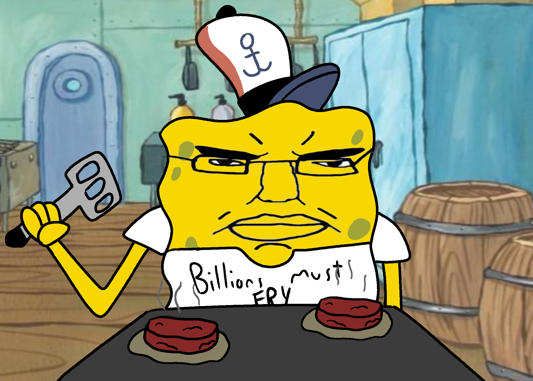 spongebob squarepants, chudjak, chudjak front, angry, arm, cartoon, chud, closed mouth, clothes, glasses
