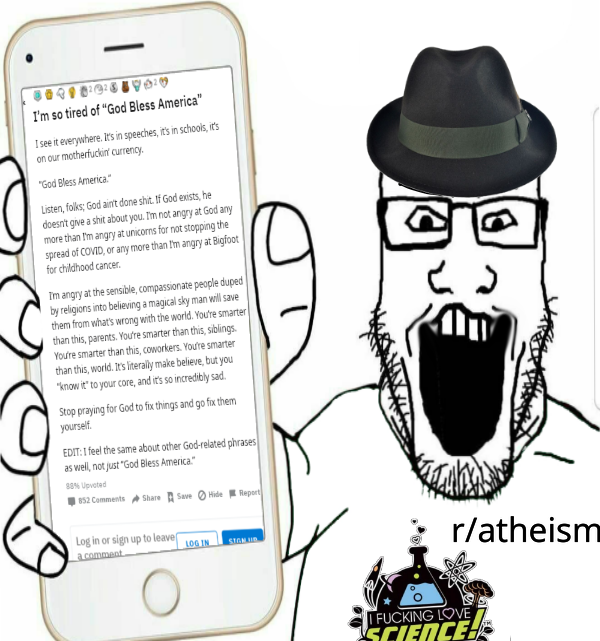 markiplier soyjak, phoneplier vertical, showing phone, arm, atheism, atheism (reddit), award, beaker, christianity, circlejerk