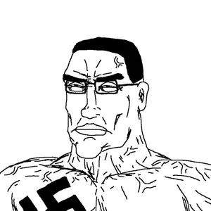 chudjak, perceptive chud, 1soyjak, black eyes, black hair, buff, closed mouth, ear, forehead vein, frown