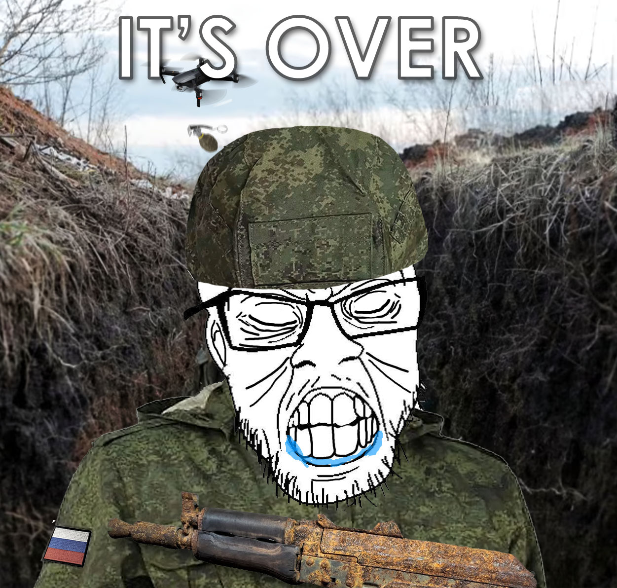 feraljak, its over, ak-47, assault rifle, camouflage, clenched teeth, closed eyes, clothes, drone, ear