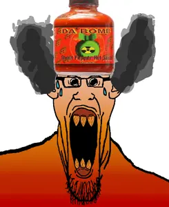 markiplier soyjak, longplier, ear, flavorjak, fume, glasses, hot sauce, open mouth, red skin, sharp teeth