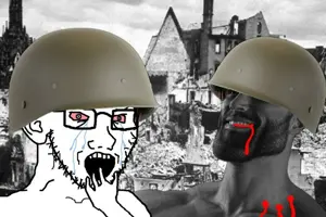 gigachad, soyak, soyak (crying) 2, blood, bloodshot eyes, clothes, combat helmet, crying, ear, glasses