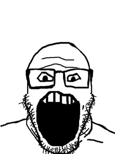 markiplier soyjak, 1soyjak, glasses, monochrome, no nose, open mouth, soyjak, squished, stubble, uncolored skin