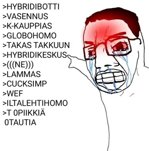 chudjak, angry, bloodshot eyes, clenched teeth, crying, finnish text, pointing, world economic forum
