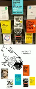 soyfish, animal, book, bookshelf, eating, fish, glasses, open mouth, philosophy, soyjak