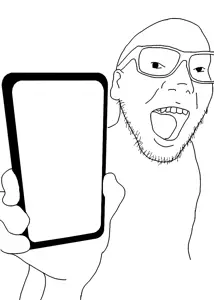 phoneboy, arm, glasses, hands, holding object, holding phone, open mouth, phone, soyjak, stubble