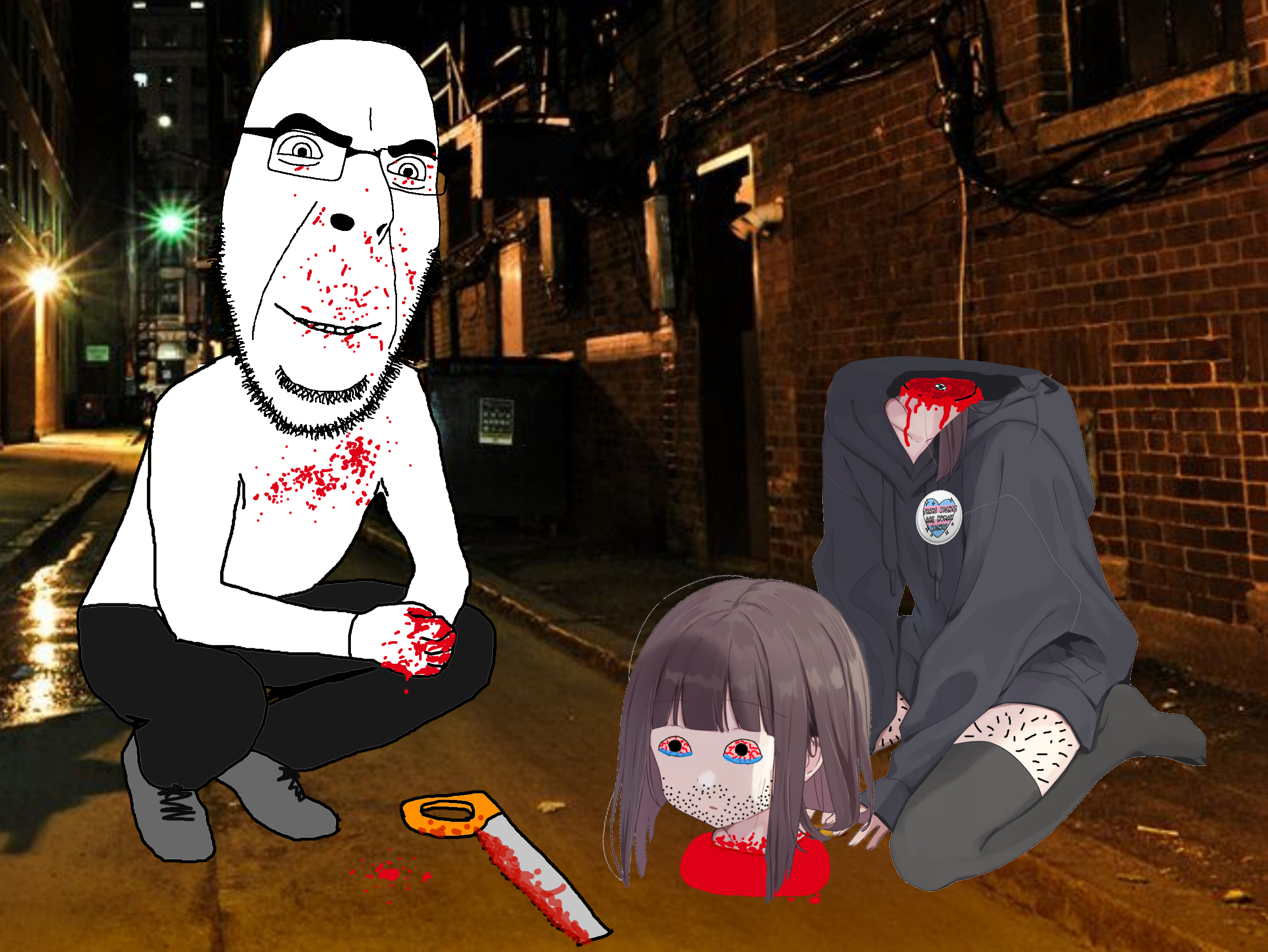 boymoder, cobson, alley, badge, blood, bloodshot eyes, boymoder, brown hair, closed mouth, clothes