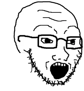 soyak, glasses, head only, looking to the right, open mouth, soyjak, stubble, teeth, translucent background