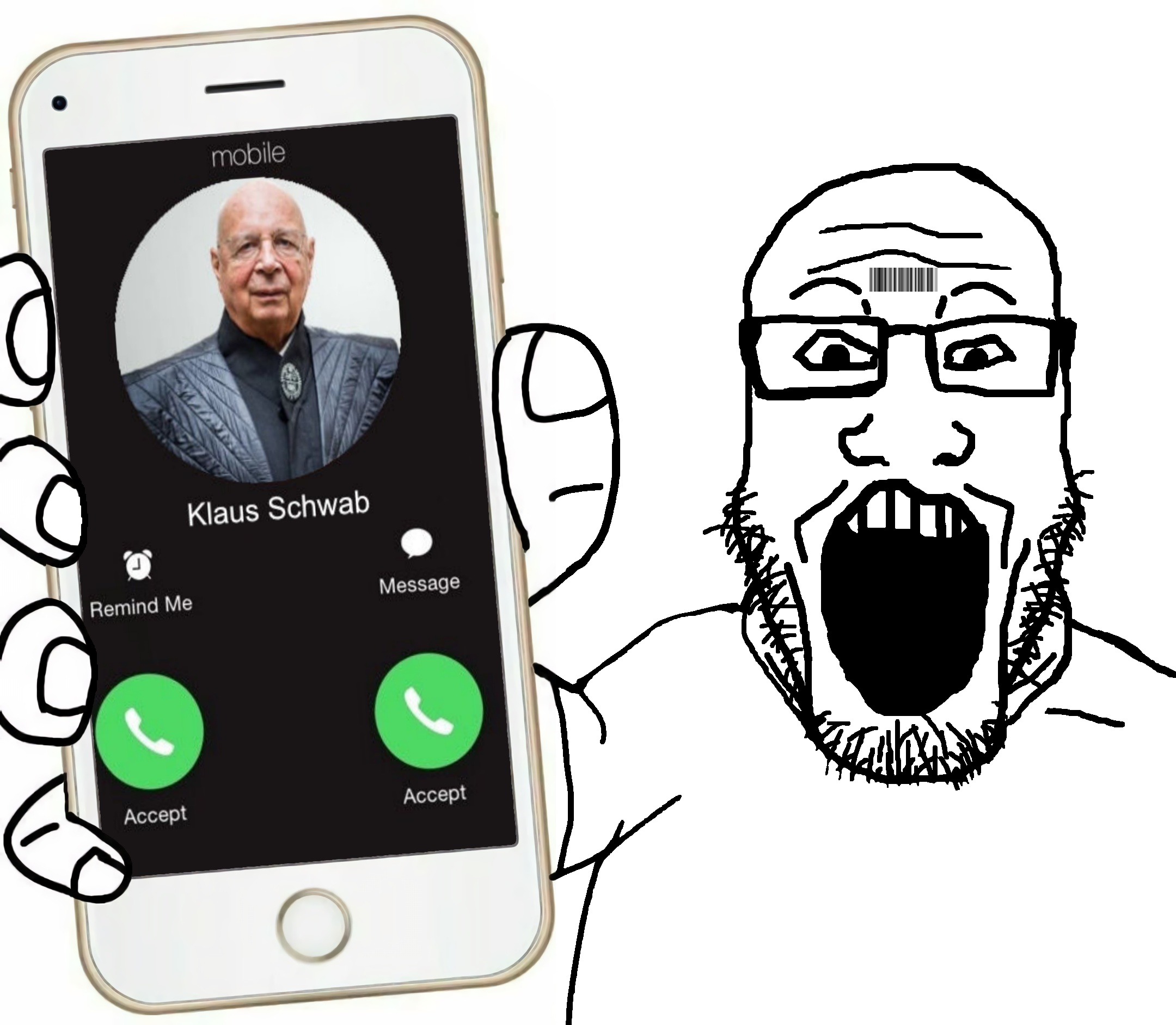 klaus schwab, markiplier soyjak, phoneplier vertical, showing phone, arm, based department, clothes, glasses, great reset, hands