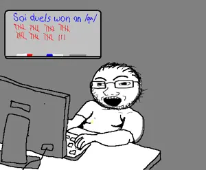soyak, /qa/ (4chan), arm, clothes, computer, duel, glasses, hair, hands, open mouth