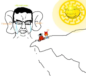 mymy schoppenboer, chudjak, gapejak, chudjak front, wholesome soyjak, 2soyjaks, black skin, bowtie, cliff, closed eyes
