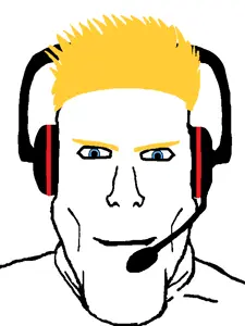 markiplier soyjak, blonde hair, blue eyes, closed mouth, hair, headphones, smile, soyjak, yellow eyebrows