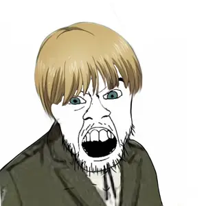 feraljak, angry, anime, armin arlert, blonde hair, blue eyes, clothes, hair, mustache, soyjak