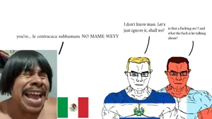 chudjak, chudjak front, 2soyjaks, angry, blue eyes, brown hair, brown skin, buff, closed mouth, el salvador