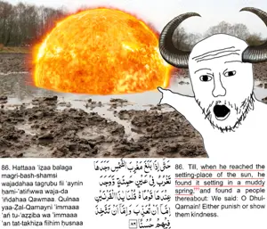 two pointing soyjaks, arm, dhul-qarnayn, hands, horns, irl background, islam, mud, open mouth, pointing