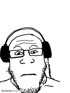 markiplier soyjak, neutralplier, soyjaks listening to some good shit, 1soyjak, animated, black eyes, closed mouth, front view, glasses, headphones