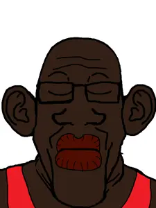 markiplier soyjak, black skin, closed eyes, closed mouth, clothes, ear, glasses, lips, sleeveless shirt, soyjak