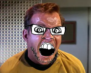 feraljak, feraljak (crazed), angry, crazed, glasses, james t kirk, mustache, open mouth, soyjak, star trek
