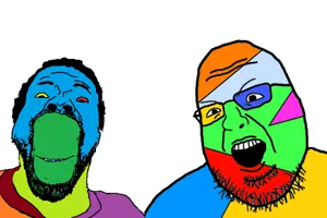 nigjak, shotjak, colorjak, 2soyjaks, beard, closed mouth, glasses, hair, open mouth, smile