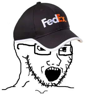 soyak, cap, clothes, fedex, glasses, hat, open mouth, soyjak, stubble