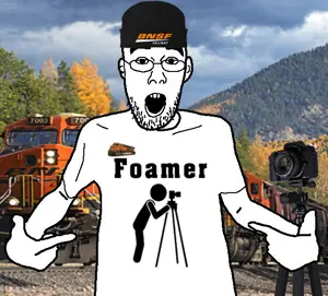 shirtjak, clothes, foamer, glasses, irl background, open mouth, pointing, soyjak, stubble, train