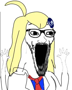 excited soyjak, soyak, wewjak, arm, badge, blonde hair, clothes, glasses, hair, hands